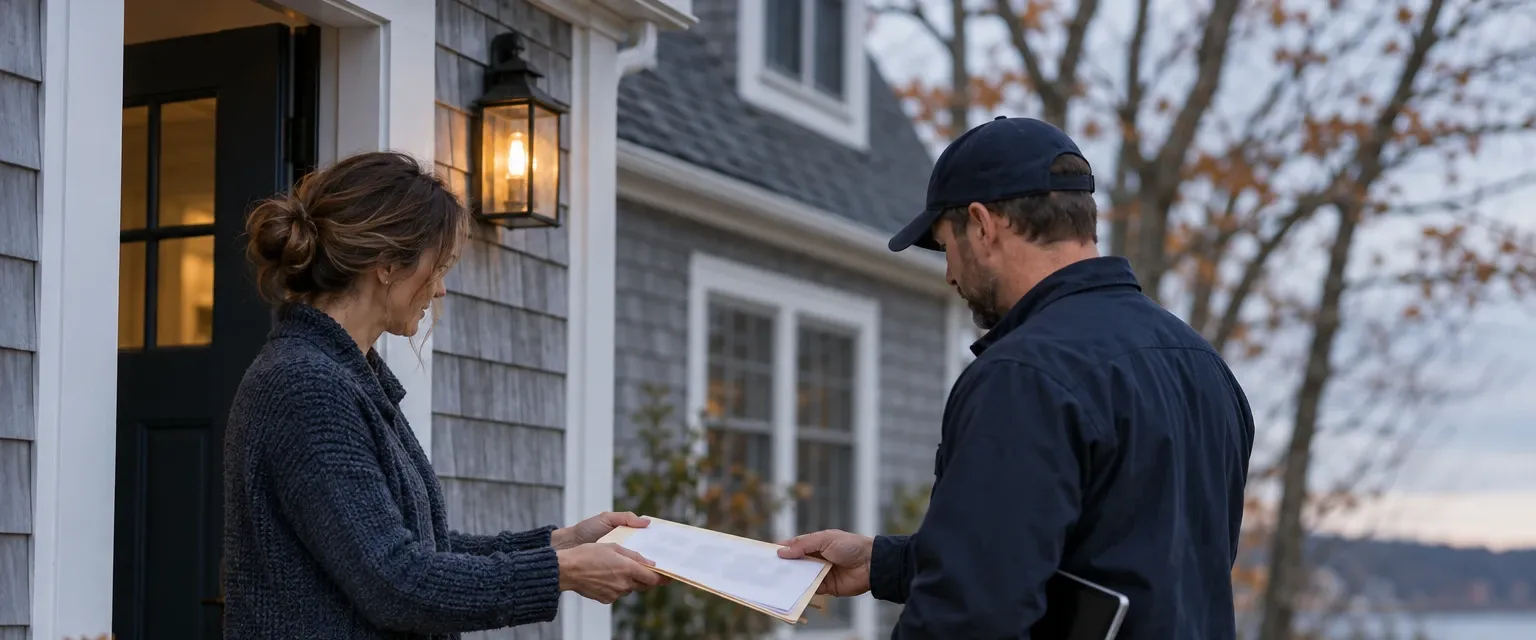 A homeowner handing claim paperwork to a contractor at the front door