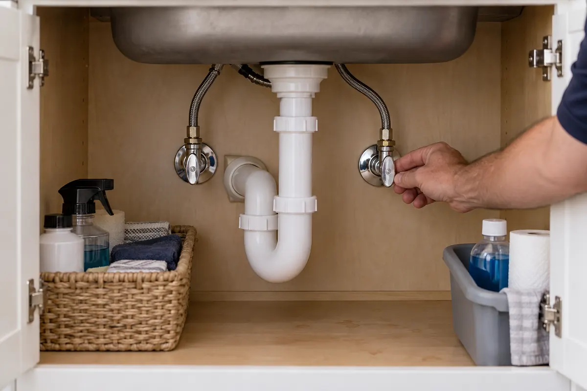 A hand turning one of the two supply valves under a kitchen sink